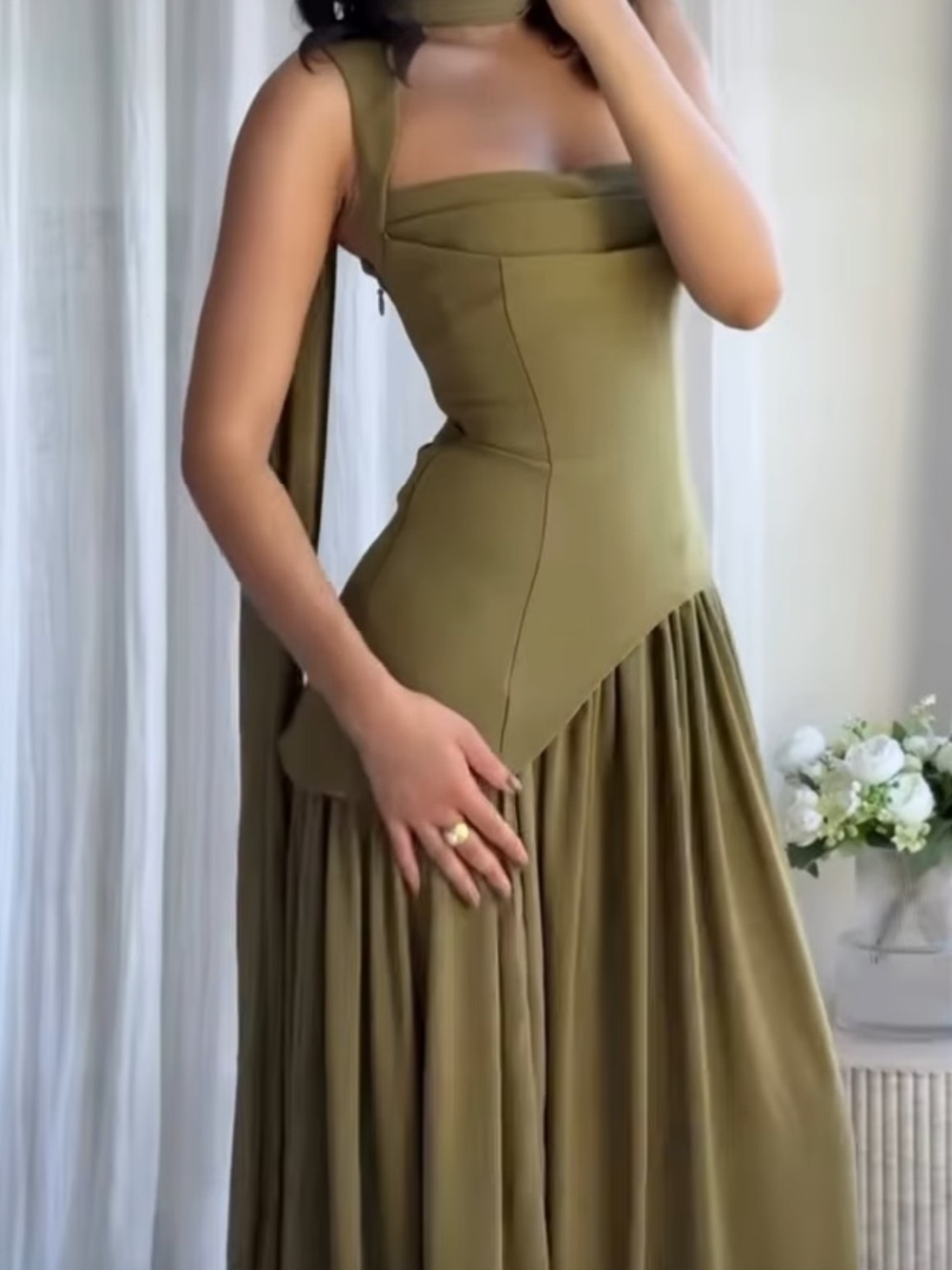 Olive Green Sleeveless Maxi Dress with Draped Skirt and Shoulder Sash